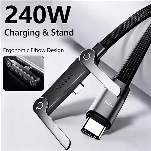 High-Power Braided Type-C Charging Cable, Foldable Stand Design, Universal Fast Charging Cord for iPhone, iPad, Xiaomi, Honor